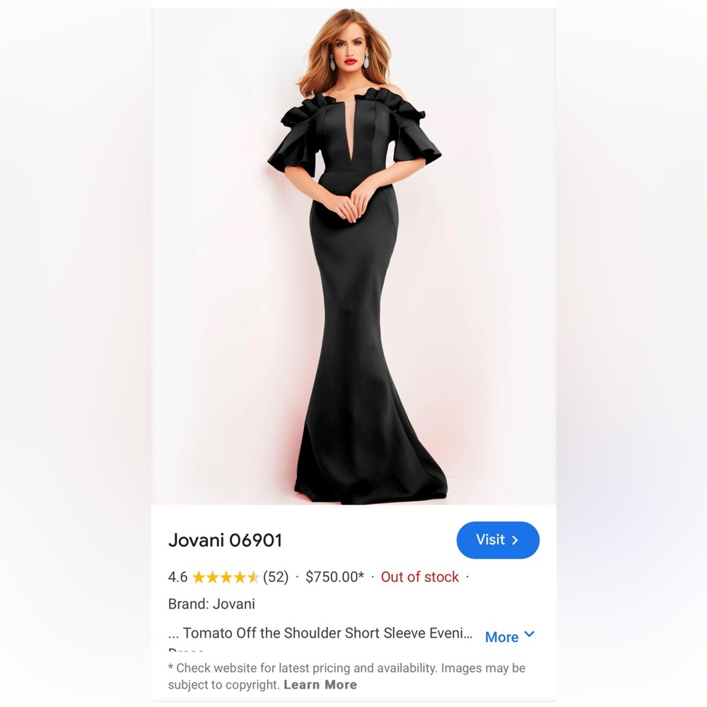 Jovani Black Strapless Mermaid Evening Gown with Ruffle Off-Shoulder Detail